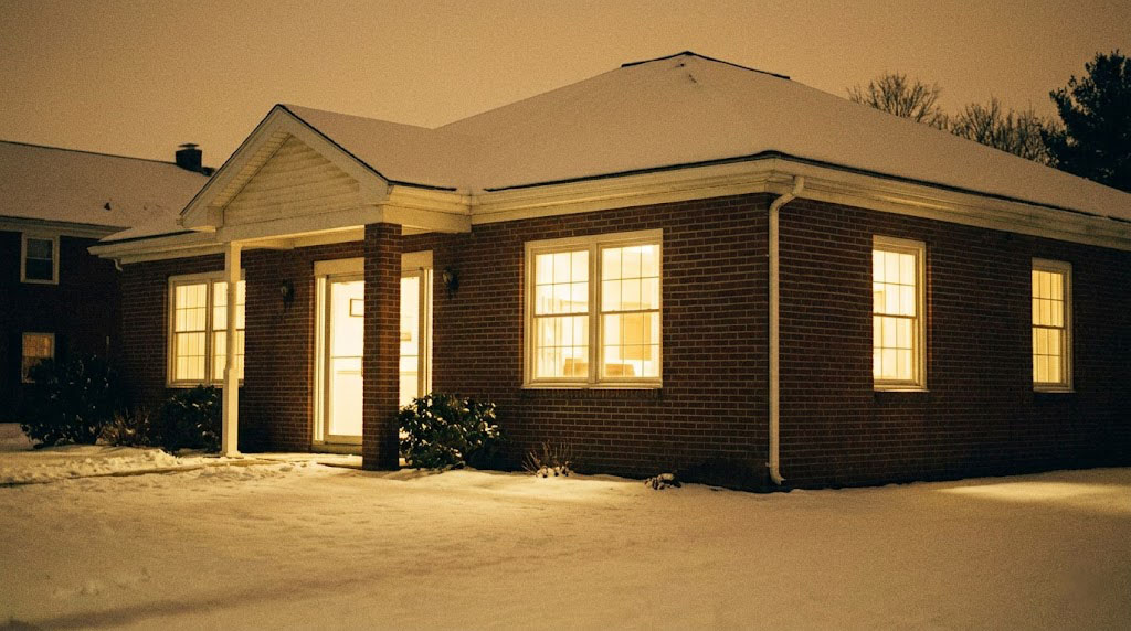 Modest New England medical practice exterior on a winter evening, evoking Glenwood's Christmas Eve 1994 origin.