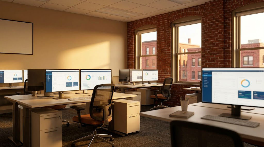 Glenwood Systems office in Waterbury, Connecticut, with team members working on healthcare dashboards.