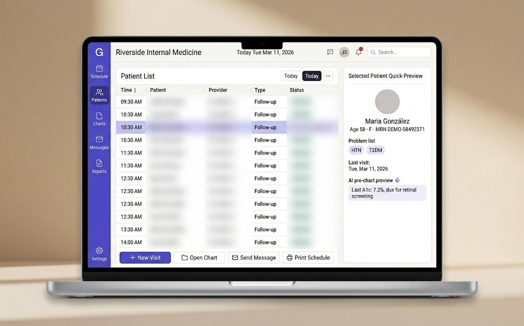 GlaceEMR clinical summary view with today's schedule, patient list, and quick-preview panel.