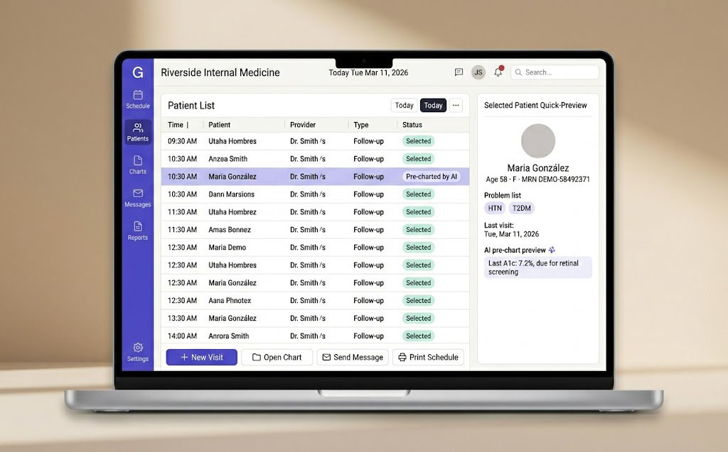 GlaceEMR clinical summary view: today's schedule, patient list with AI pre-chart status, and selected-patient quick-preview panel.