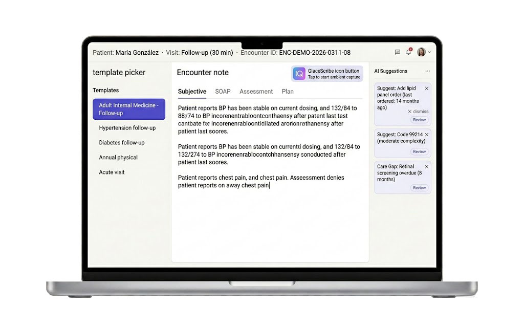 GlaceEMR encounter note with template picker, SOAP editor, GlaceScribe activation button, and AI suggestions sidebar.