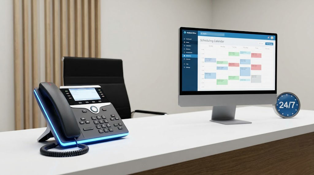 Modern medical-office front desk with a phone handling calls, scheduling calendar visible on the screen.