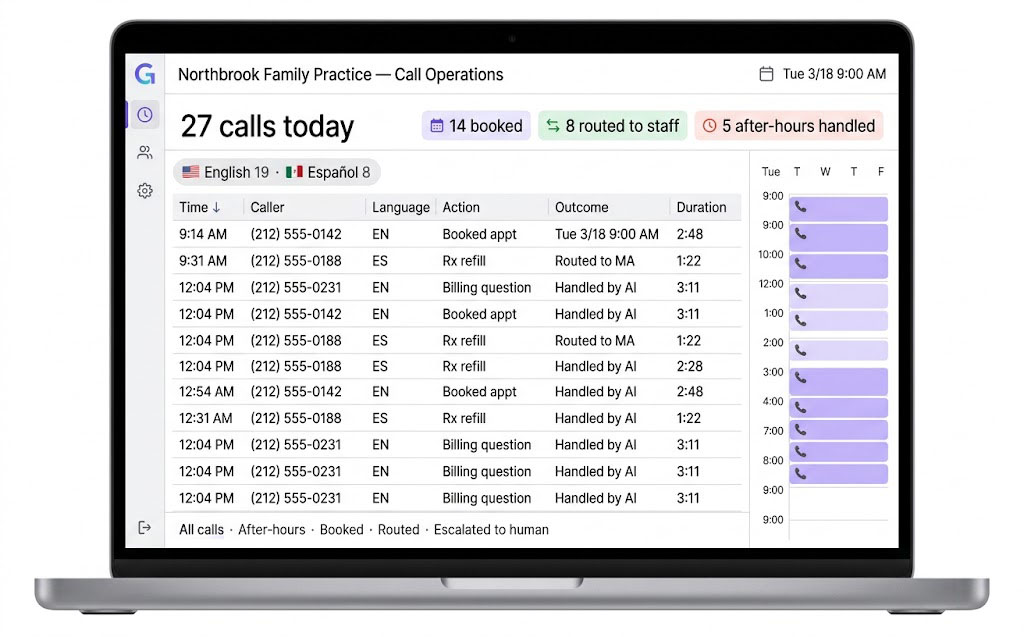 GlacePhoneSmart call operations console: calls handled today, a bilingual English and Spanish split, and a live call log with outcomes.