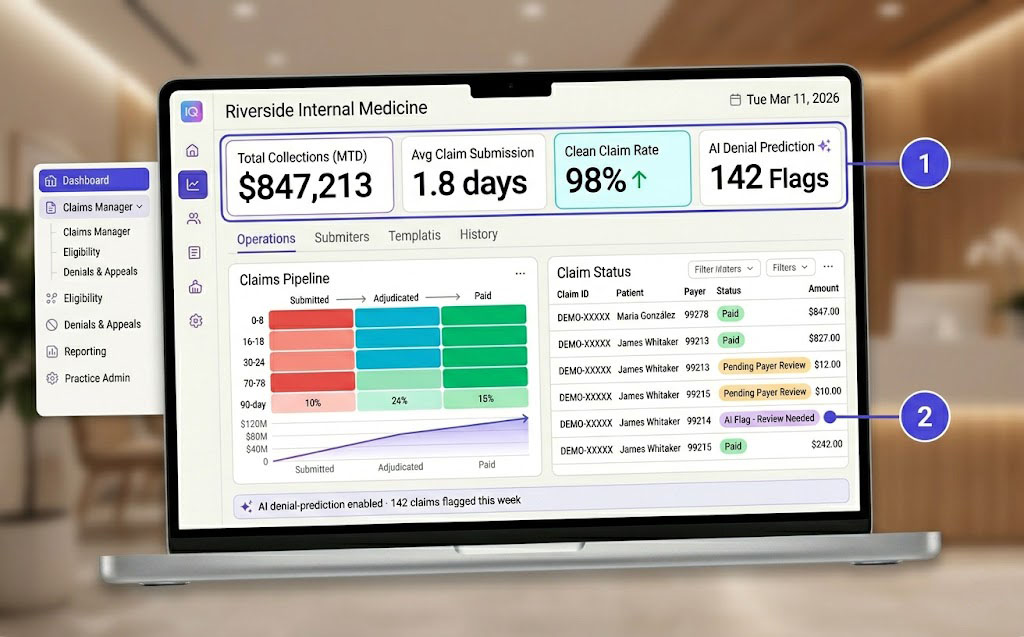GlaceRCM with AI Denial Prediction flagging 142 high-risk claims for review