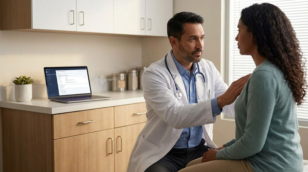 Physician examining a patient while a laptop in the background shows ambient documentation in progress.
