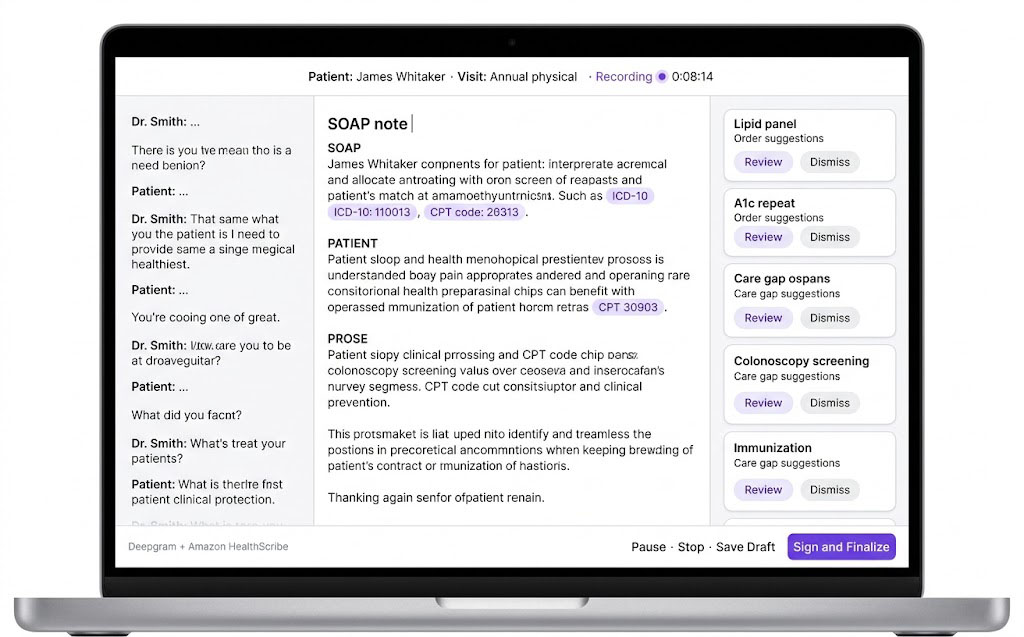 GlaceScribe live capture: rolling transcript, a populating SOAP note with ICD-10 and CPT chips, and AI order and care-gap suggestions in the right rail.