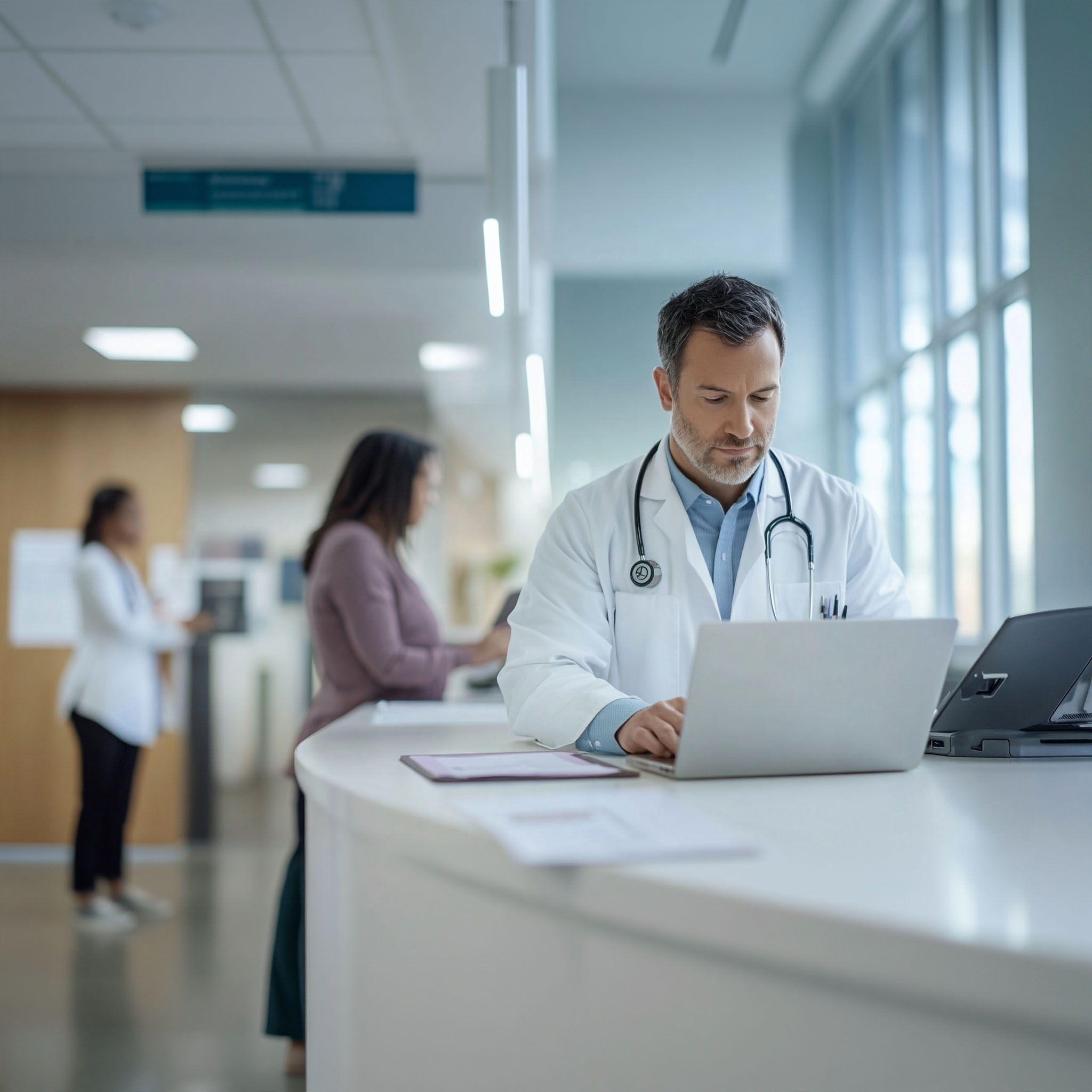 Physician and front-desk staff at work in a warm, modern independent medical practice.