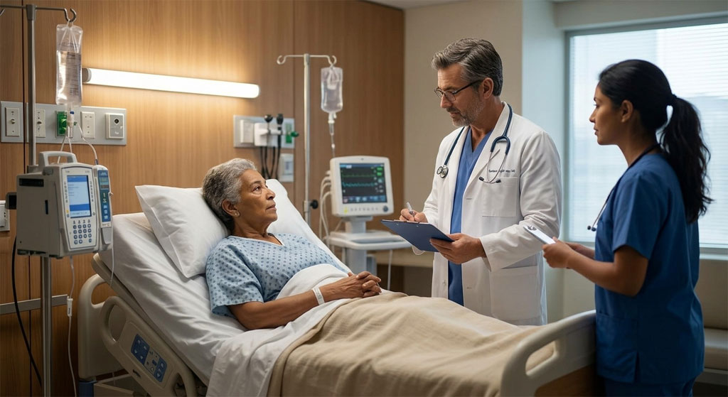 Acute Care Nursing physician with a patient in a modern medical practice