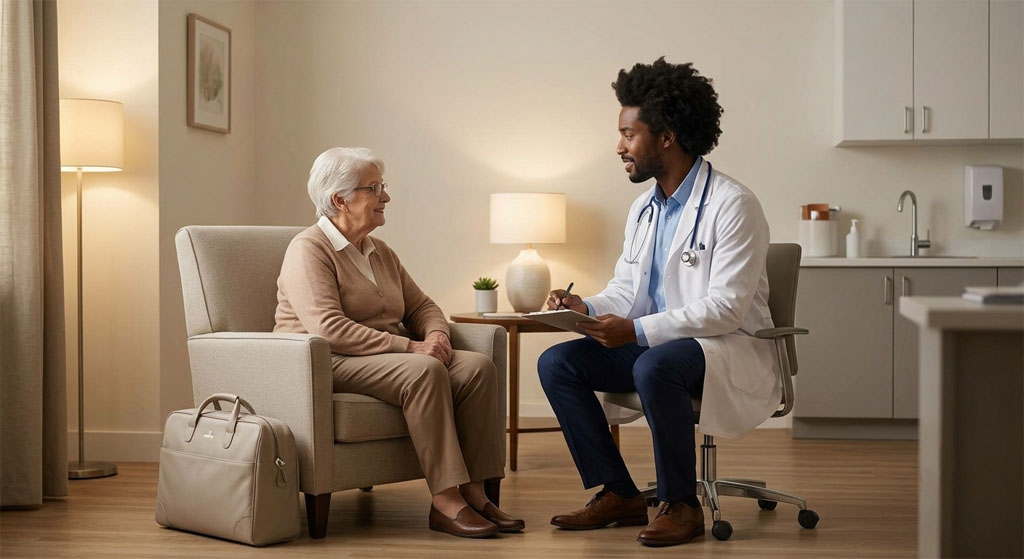 Assisted Living physician consultation in a modern medical practice. Glenwood Systems EHR and billing for Assisted Living.