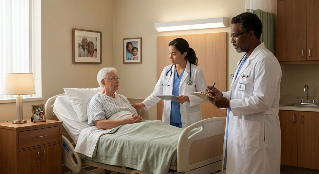 Long Term Care physician with a patient in a modern medical practice