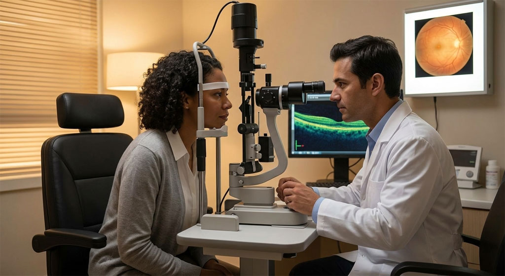 Ophthalmology physician consultation in a modern medical practice. Glenwood Systems EHR and billing for Ophthalmology.