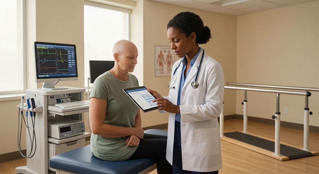 Physical Medicine Rehab physician with a patient in a modern medical practice