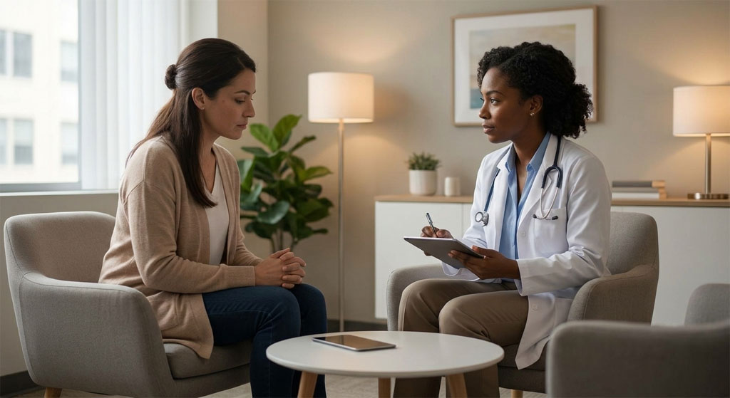 Psychiatry physician consultation in a modern medical practice. Glenwood Systems EHR and billing for Psychiatry.
