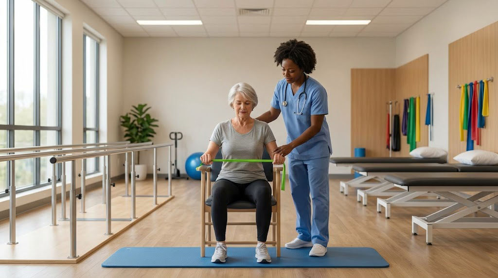 PT/OT Therapy clinician treating a patient in a modern therapy practice. Glenwood Systems EHR and billing for Physical and Occupational Therapy.