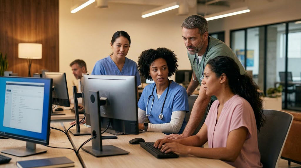 Diverse team of healthcare IT professionals collaborating in a modern Glenwood Systems office.