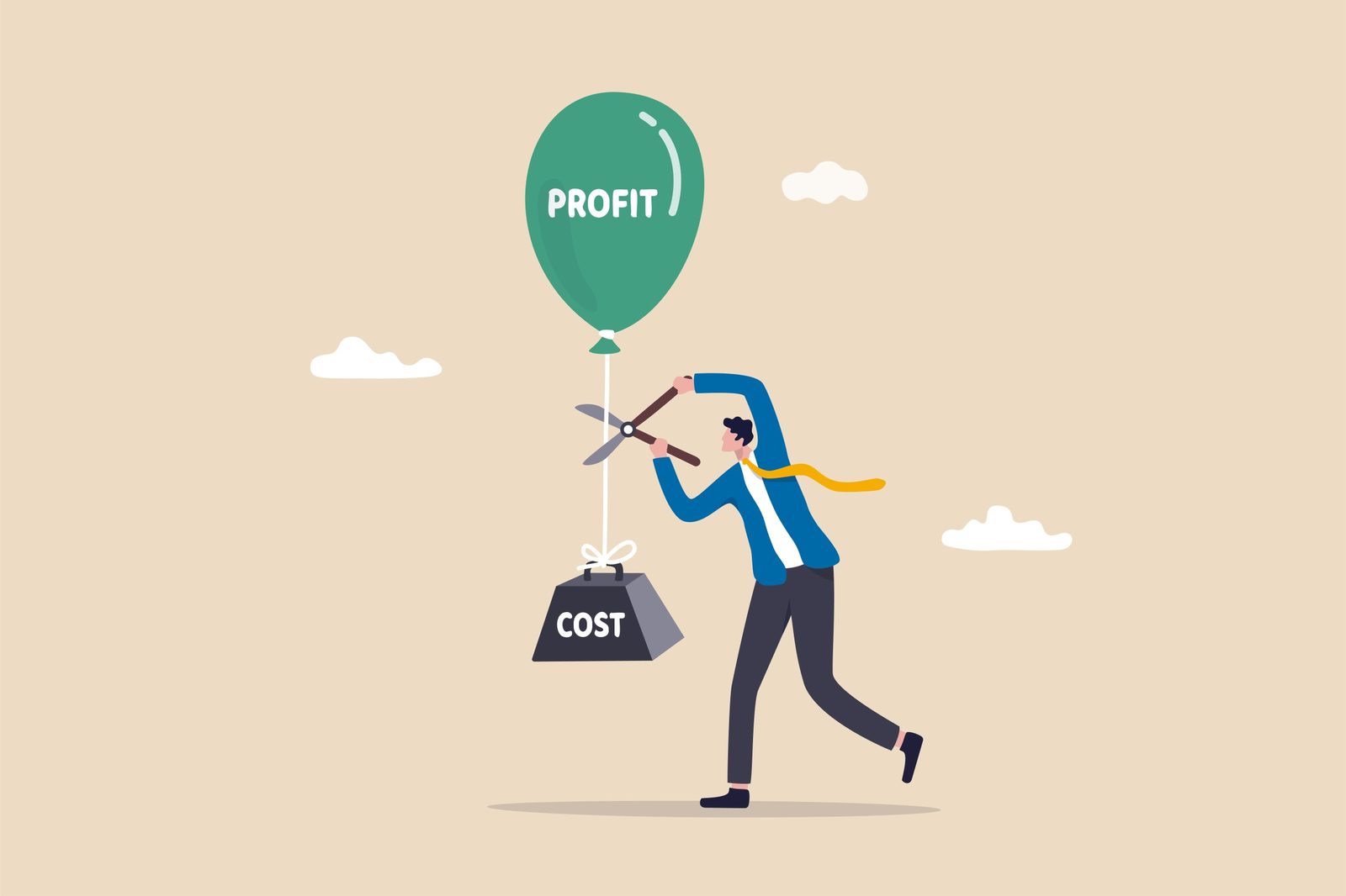 Illustration of a man cutting a cost weight loose from a profit balloon, representing rising health care costs