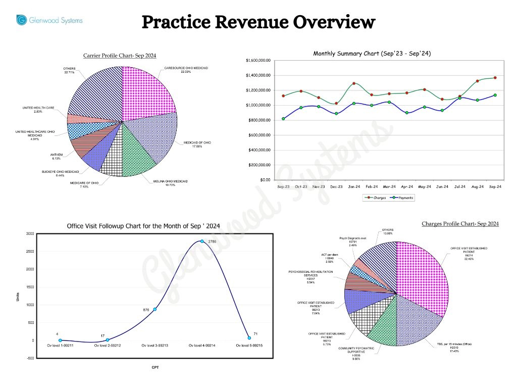 A detailed revenue report by Glenwood that displays the financial health of the practice.